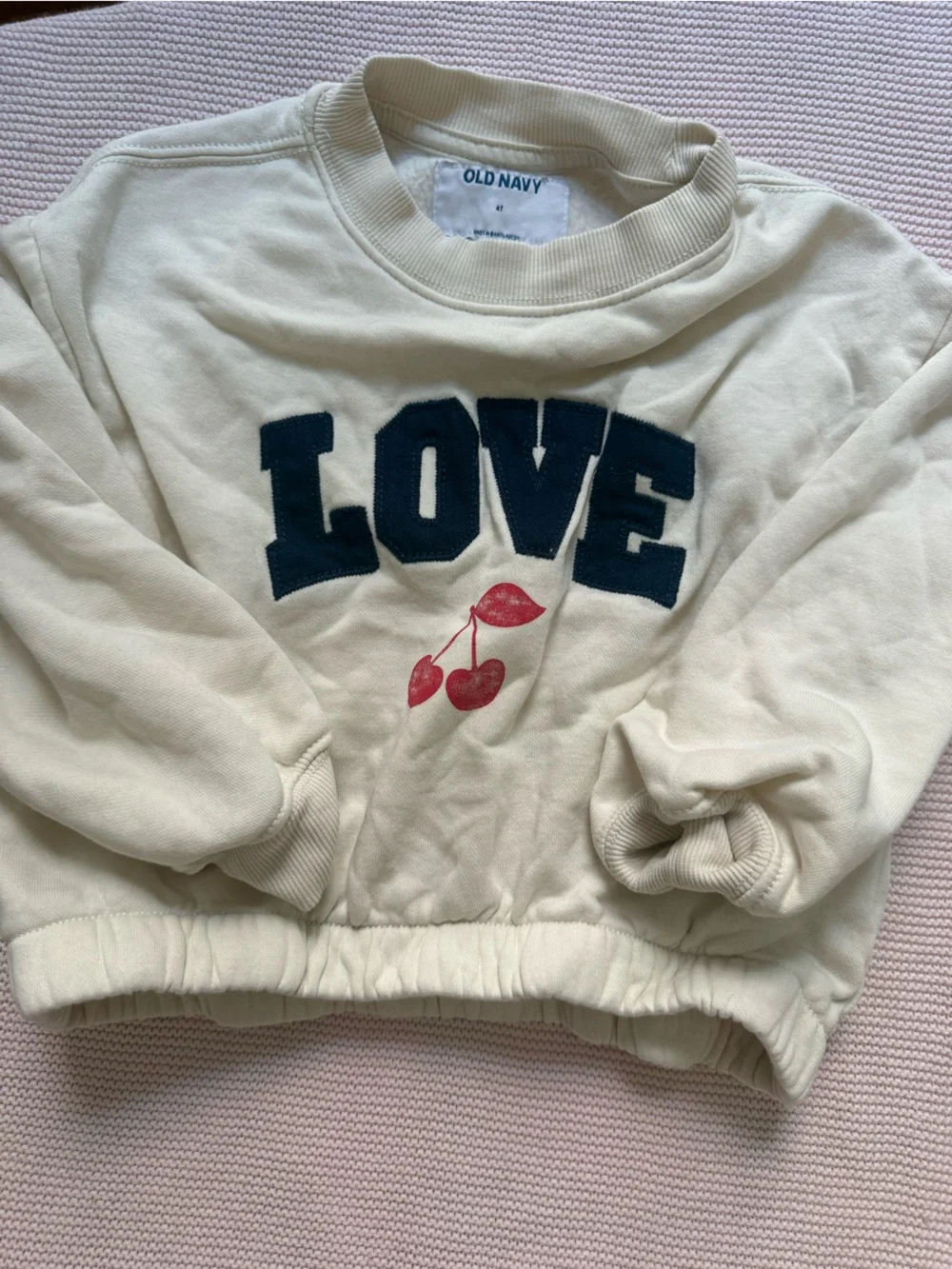 Old Navy Cream Sweatshirt with Navy LOVE and Pink Cherry Graphic